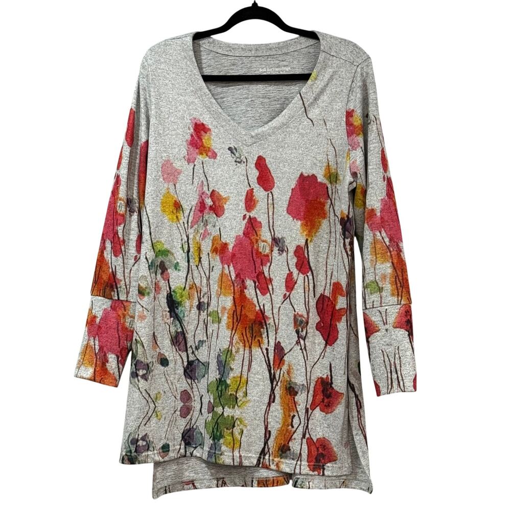 Soft Surroundings Floral Print Tunic V-Neck Long Sleeve Gray Women’s Size Large